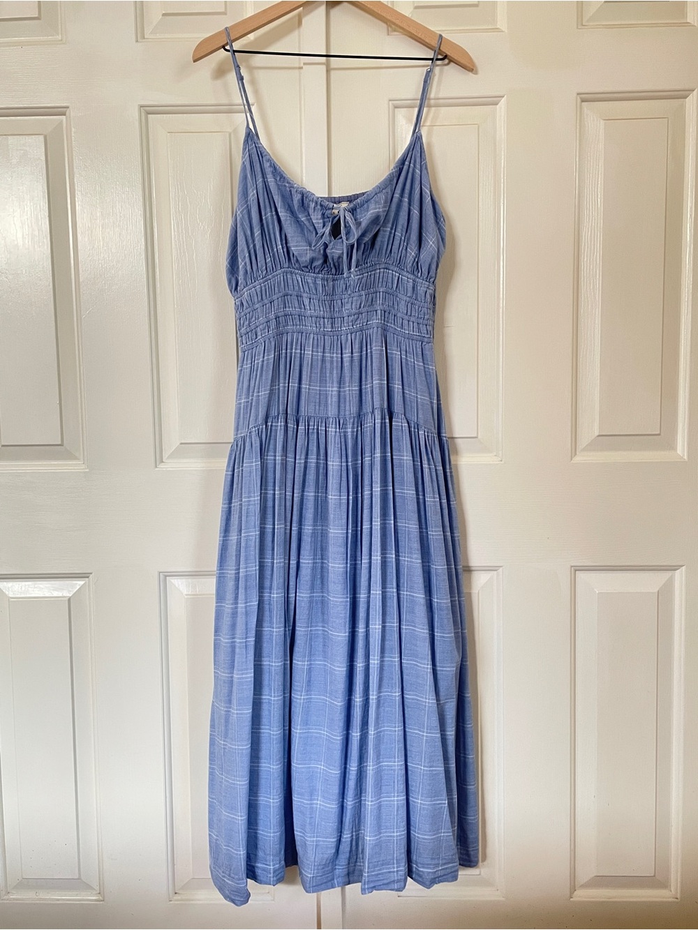 Lucky Brand Plaid Smocked Tiered Maxi Dress Women's XL Blue Cotton Modal